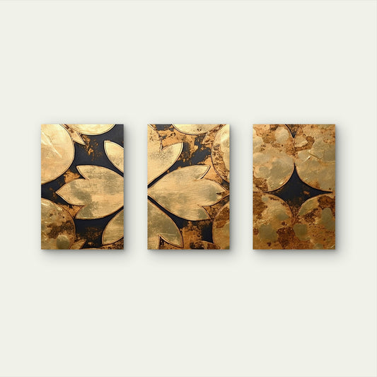 3pcs Gold Lotus Flower Abstract Modern Wall Art Set Canvas Framed 50x70cm - High Quality Print 100% Australian Made Wall Canvas Ready to Hang