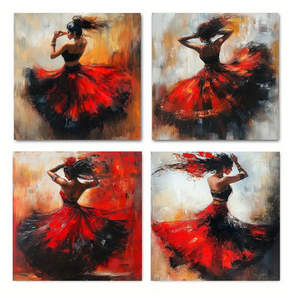 4pcs Elegant Woman In Red Dress  Wall Art Canvas Framed