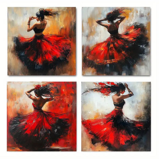 4pcs Elegant Woman In Red Dress  Wall Art Canvas Framed