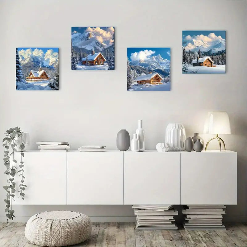 4pcs Cabin in the Snow with Mountains Wall Art Canvas Framed