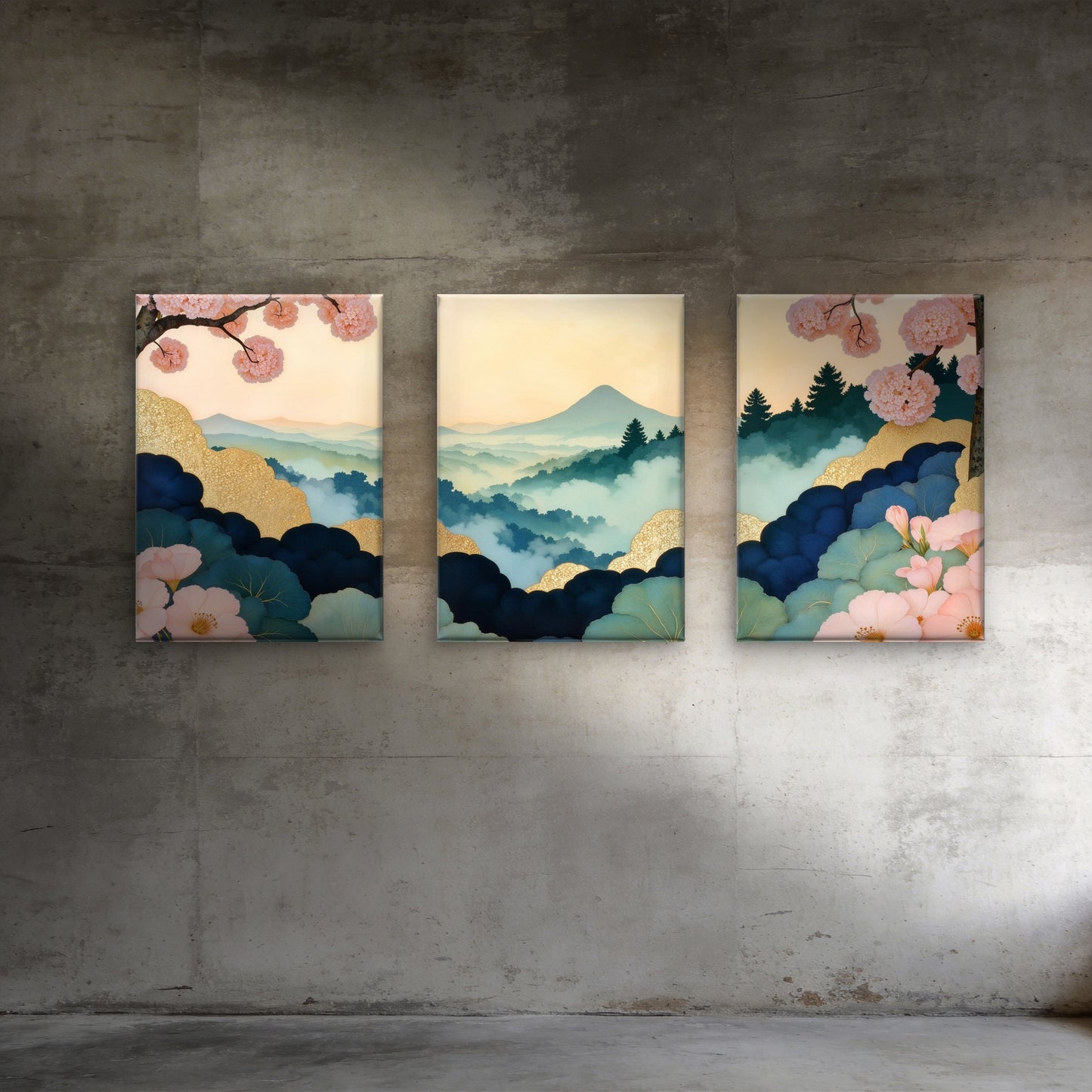 3pcs Japanese Misty Mountain Cherry Blossom Wall Art Set Canvas Framed 50x70cm - High Quality Print 100% Australian Made Wall Canvas Ready to Hang