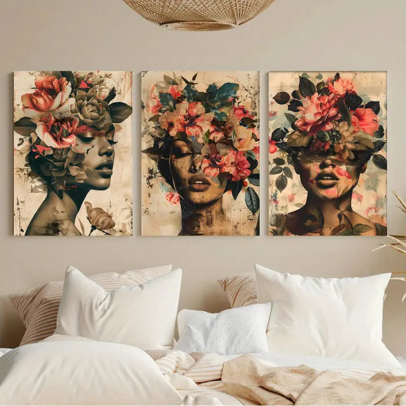 3pcs Femenino, Pintura Floral Mujer Metal Print Ready to Hang Art