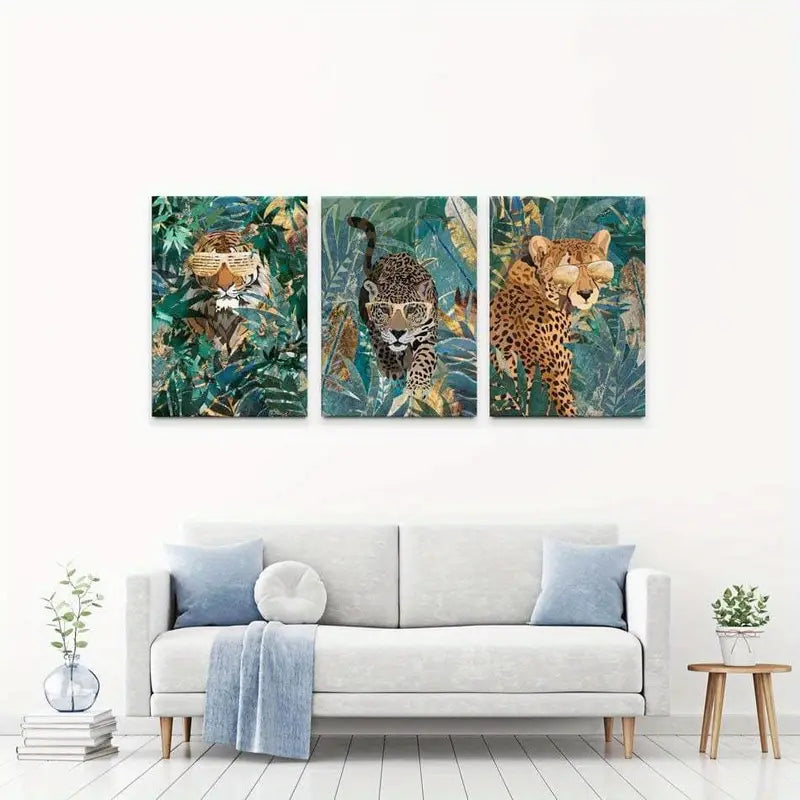 3pcs Leopard Cheetah Tiger Jungle Trio Wall Art Set Canvas Framed 40x60cm - High Quality Print 100% Australian Made Wall Canvas Ready to Hang