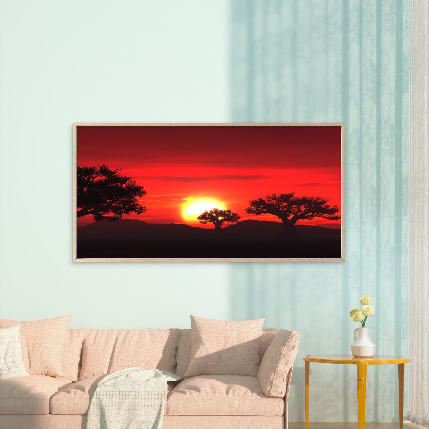 Vivid Red African Sunset Wall Art Canvas Office Home Room Framed 120x60cm