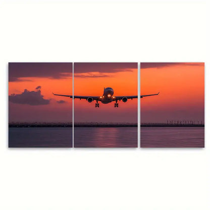 3pcs Sunset Soar Passenger Plane Dusk Flight Wall Art Set Canvas Framed 50x70cm - High Quality Print 100% Australian Made Wall Canvas Ready to Hang