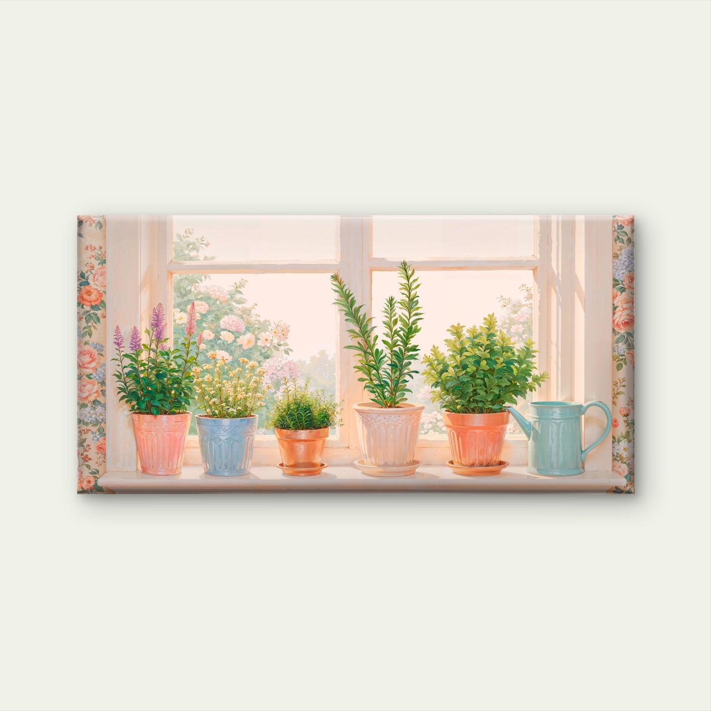 Sunny Windowsill Potted Herbs And Watering Can Coziness Interior Wall Art Canvas Office Home Room Framed 120x60cm