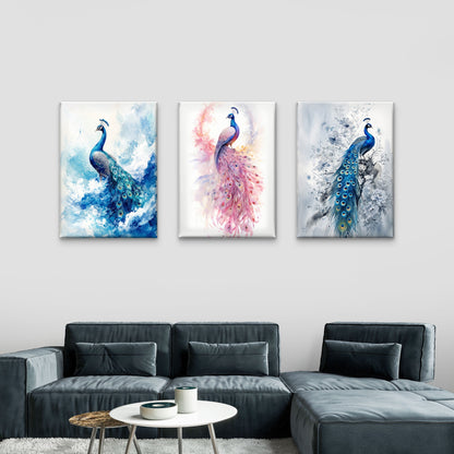 3pcs Watercolor Blue Pink Peacock Feather Birds   Wall Art Set Canvas Framed 40x60cm - High Quality Print 100% Australian Made Wall Canvas Ready to Hang