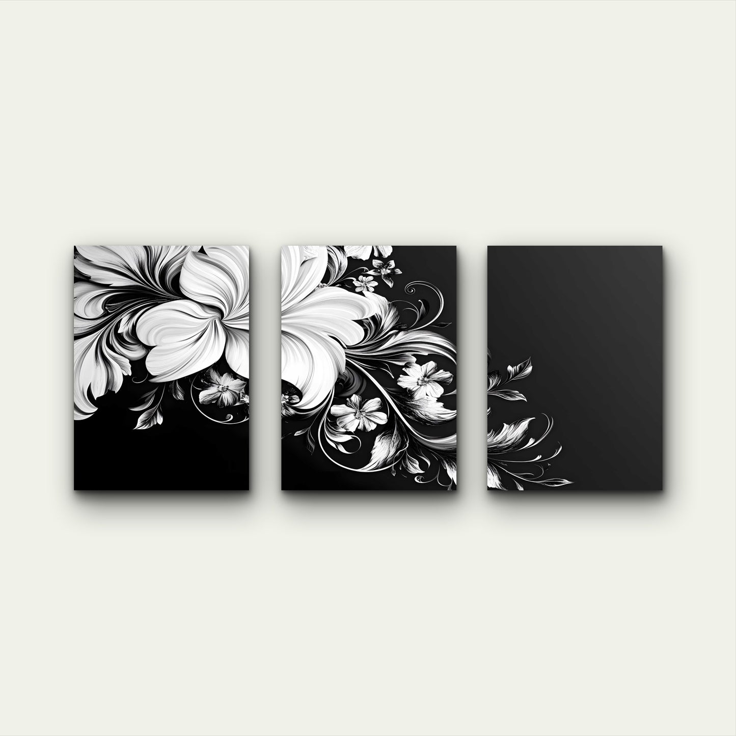 3pcs Three Panel White Blossoms On Black Wall Art Set Canvas Framed 50x70cm - High Quality Print 100% Australian Made Wall Canvas Ready to Hang - Bella Home Decor