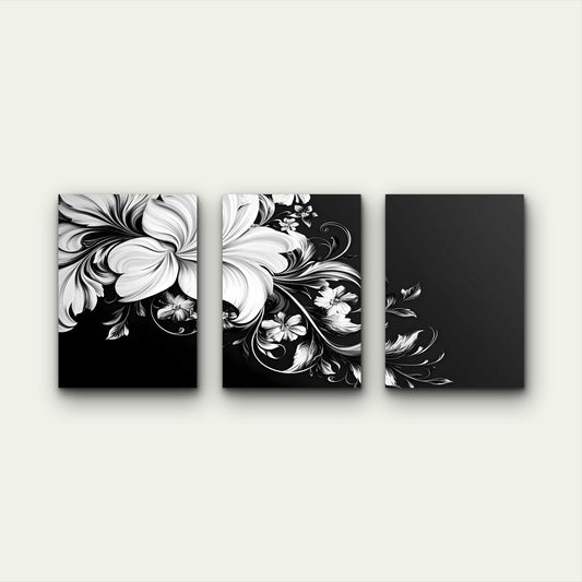 3pcs Three Panel White Blossoms On Black Wall Art Set Canvas Framed 50x70cm - High Quality Print 100% Australian Made Wall Canvas Ready to Hang - Bella Home Decor
