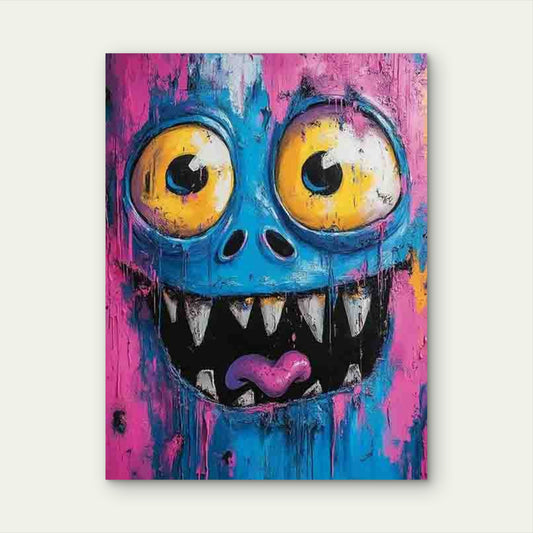 Cartoon Monster Design in Vibrant Blue And Pink 60x90cm Metal Print Ready to Hang