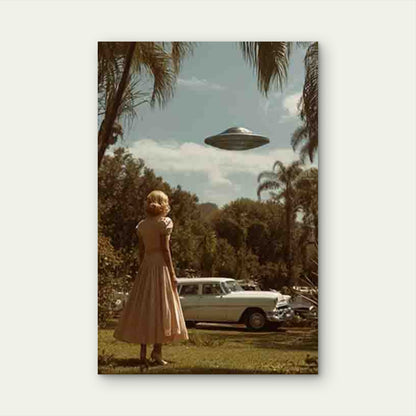 Vintage UFO Flying Saucer & 1950s Retro 60x90cm Metal Print Ready to Hang
