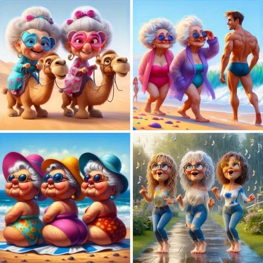 4pcs Grandma Character In Beach  Wall Art Canvas Framed