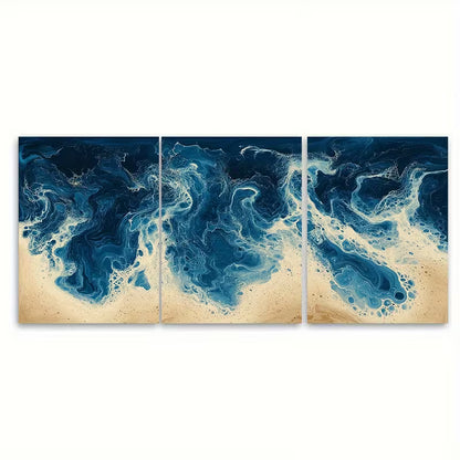 3pcs Cream and Blue Abstract Marbling Metal Print Ready to Hang Art - Bella Home Decor