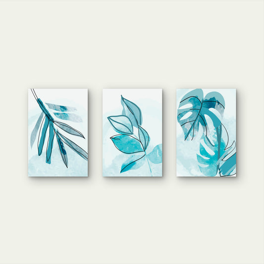 3pcs Teal Botanical Watercolor Leaf  Wall Art Set Canvas Framed 40x60cm - High Quality Print 100% Australian Made Wall Canvas Ready to Hang