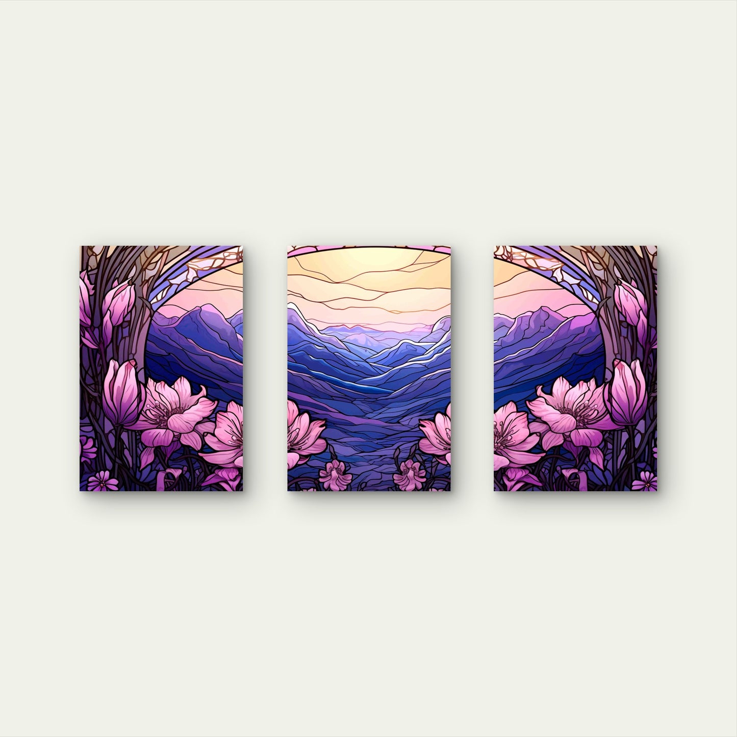 3pcs Purple Mountain Purple Flowers Metal Print Ready to Hang Art