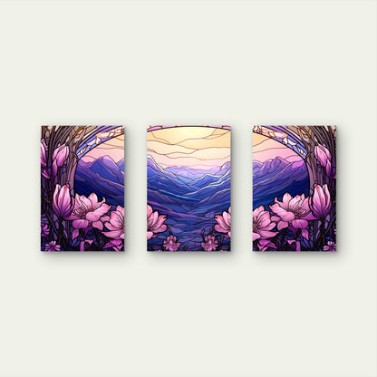 3pcs Purple Mountain Purple Flowers Metal Print Ready to Hang Art