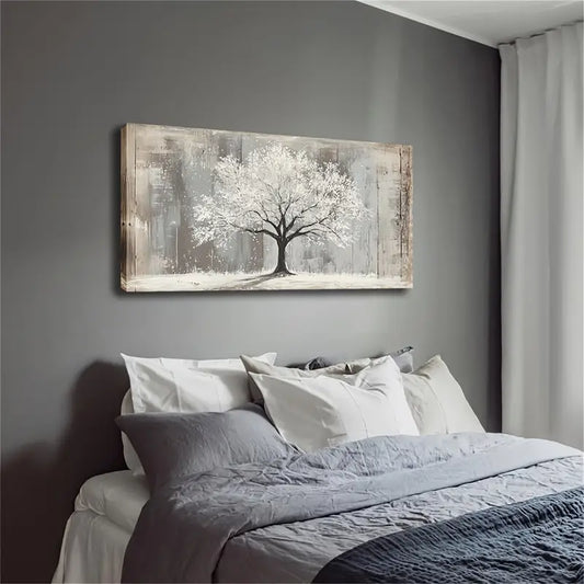 Minimalist White Tree on Grey Wall Art Canvas Office Home Room Framed 120x60cm