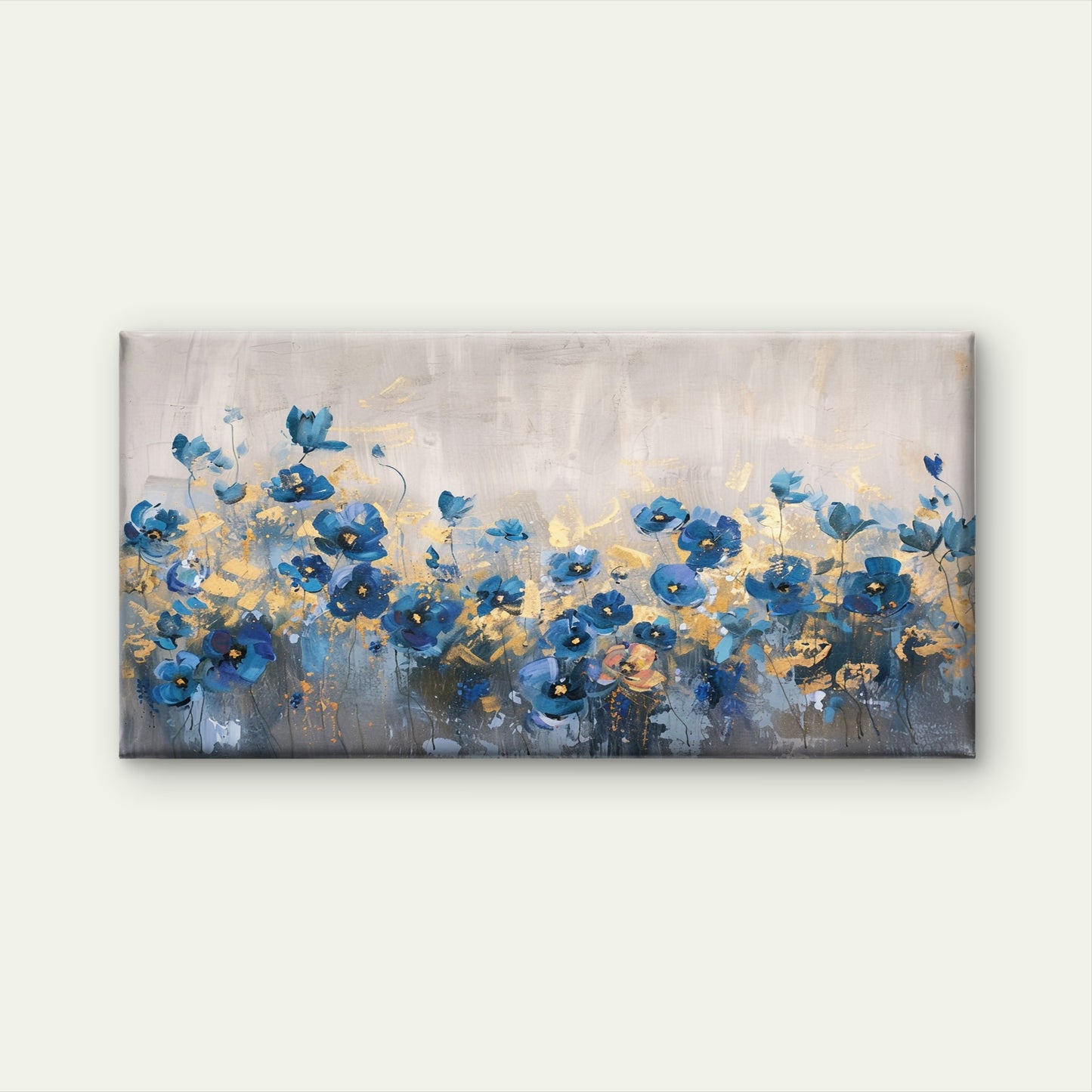 Blue Floral Gold Painting Wall Art Canvas Office Home Room Framed 120x60cm