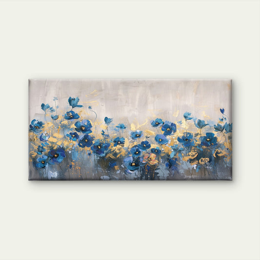 Blue Floral Gold Painting Wall Art Canvas Office Home Room Framed 120x60cm