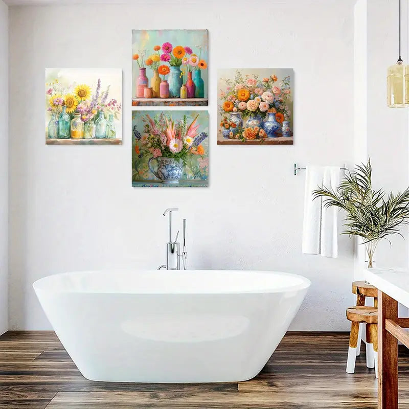 4pcs Multicolored Flowers Painting Vase Artwork Wall Art Canvas Framed