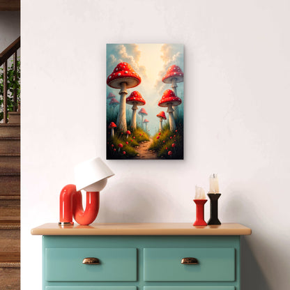 Whimsical Fantasy Landscape of Red-Capped Mushrooms 60x90cm Metal Print Ready to Hang