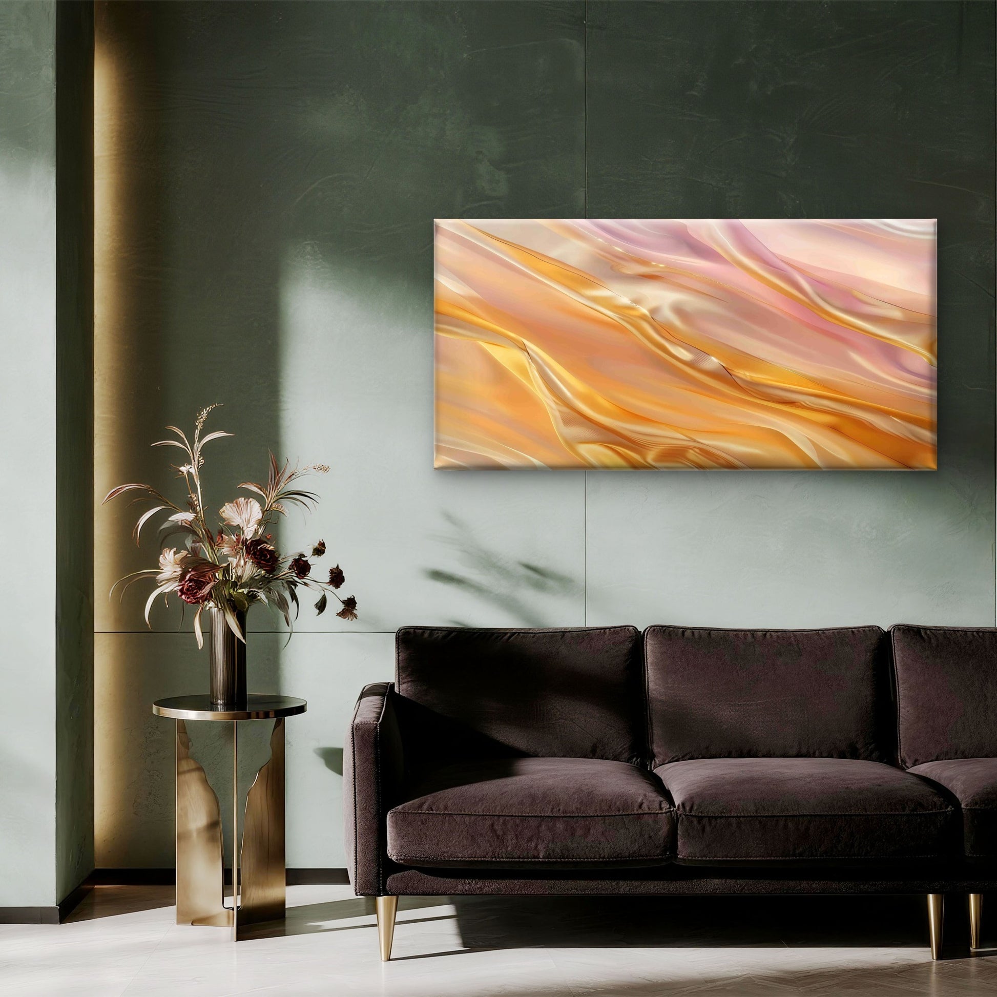 Peach Metallic Satin Ripple Wall Art Canvas Office Home Room Framed 120x60cm - Bella Home Decor