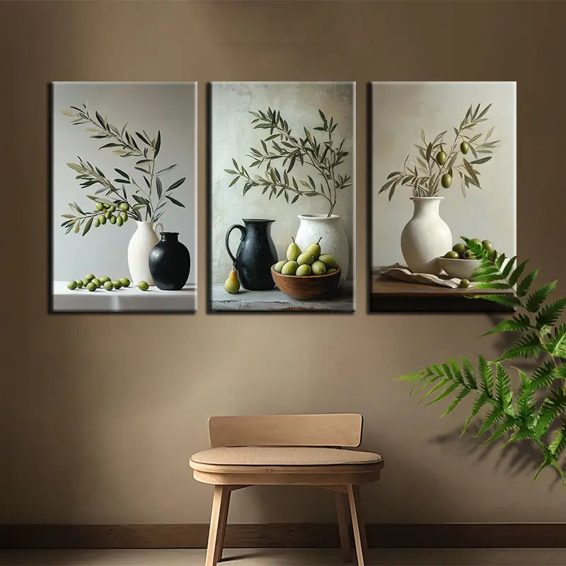 3pcs Olive Branch Still Life Triptych Metal Print Ready to Hang Art