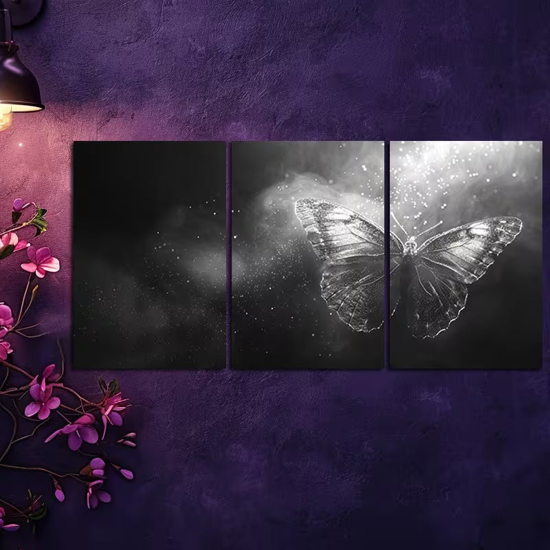3pcs Black and white Crystal Butterfly Wall Art Set Canvas Framed 50x70cm - High Quality Print 100% Australian Made Wall Canvas Ready to Hang - Bella Home Decor