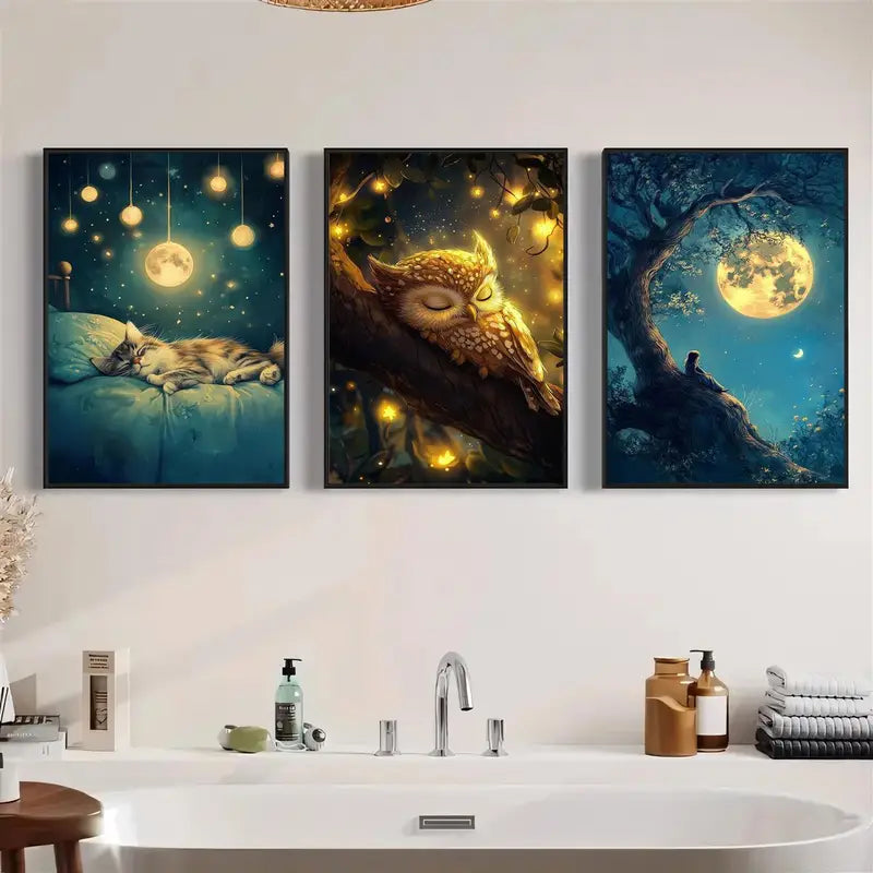 3pcs Sleeping Owl & Moonlit Tree Metal Print Ready to Hang Art