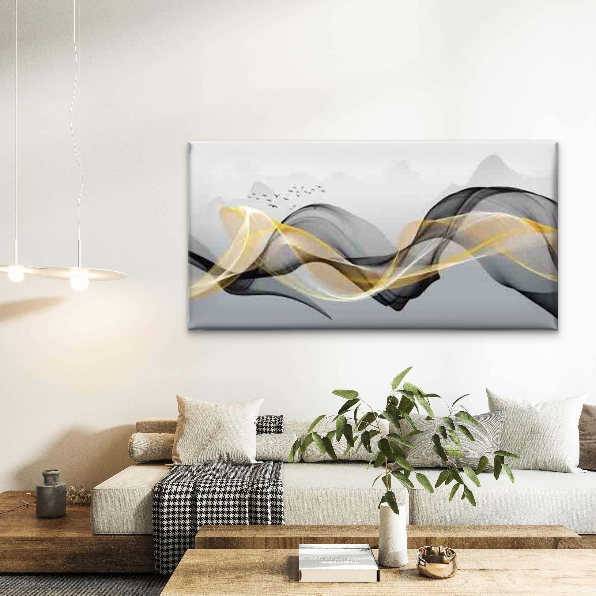 Waves in Golden And Black in Wall Art Canvas Office Home Room Framed 120x60cm - Bella Home Decor