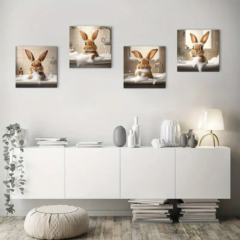 4pcs Cute Rabbit Bath Time Series Wall Art Canvas Framed