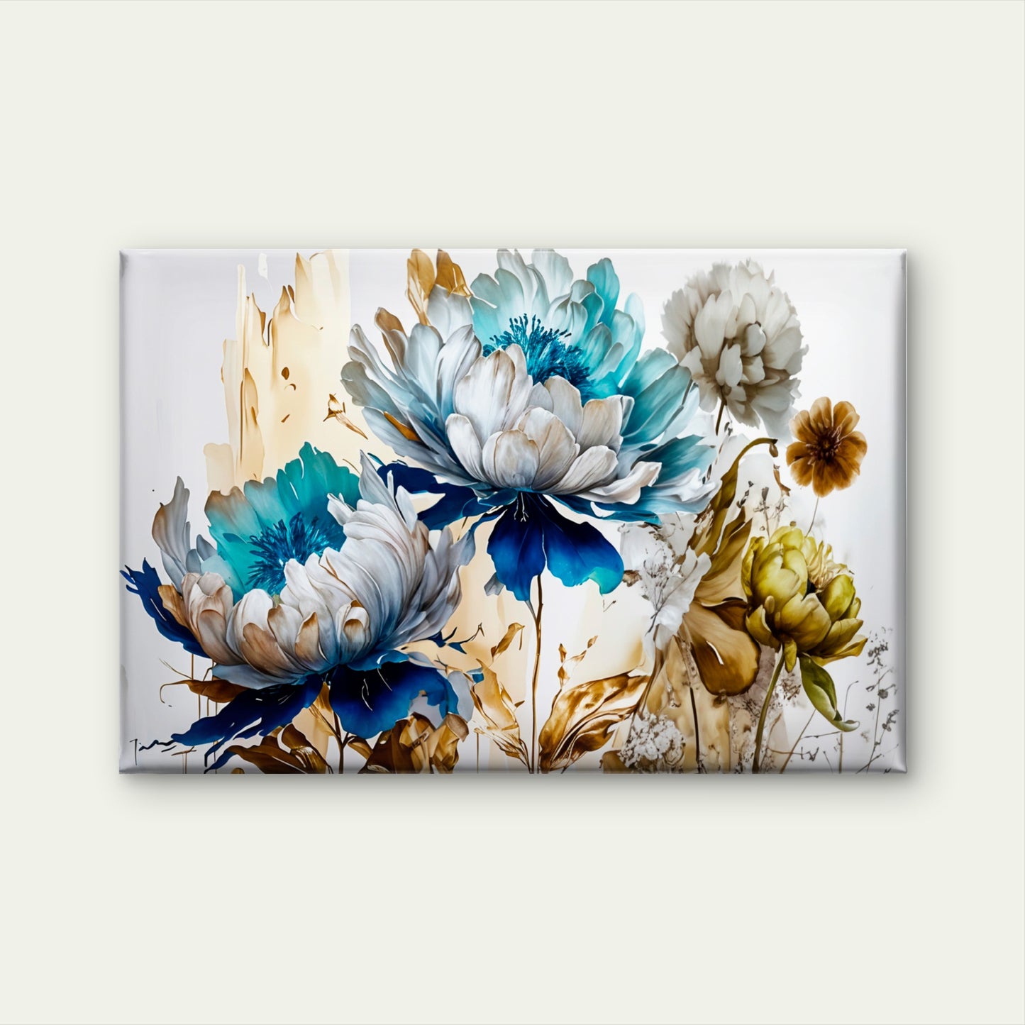 Botanical Flowers Gold Blue Design Wall Art Decor 100% Australian Made