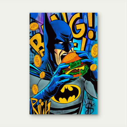 Money Motivation Comic Hero Eating Cash Burger 60x90cm Metal Print Ready to Hang