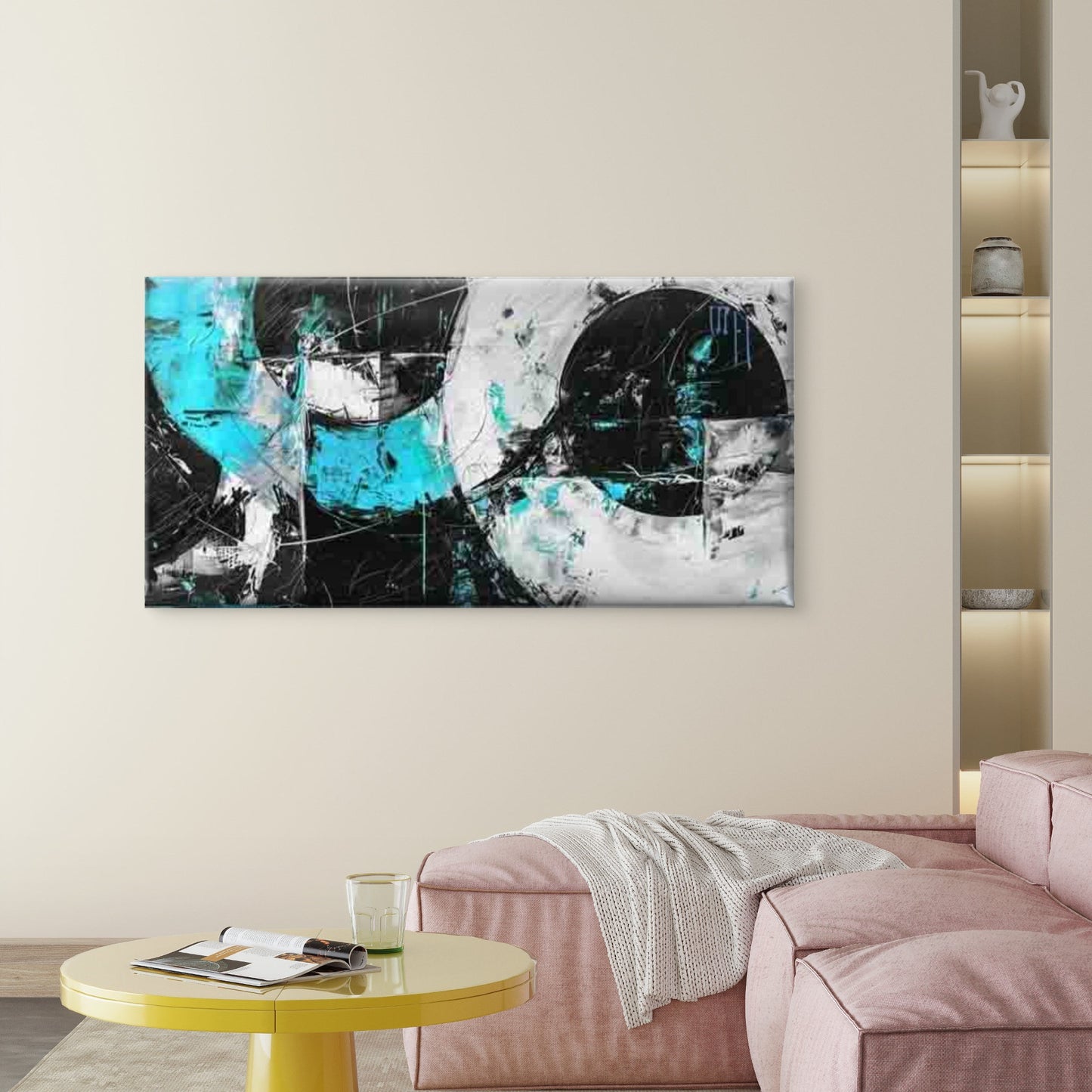 Abstract Blue And Black Circles Wall Art Canvas Office Home Room Framed 120x60cm - Bella Home Decor