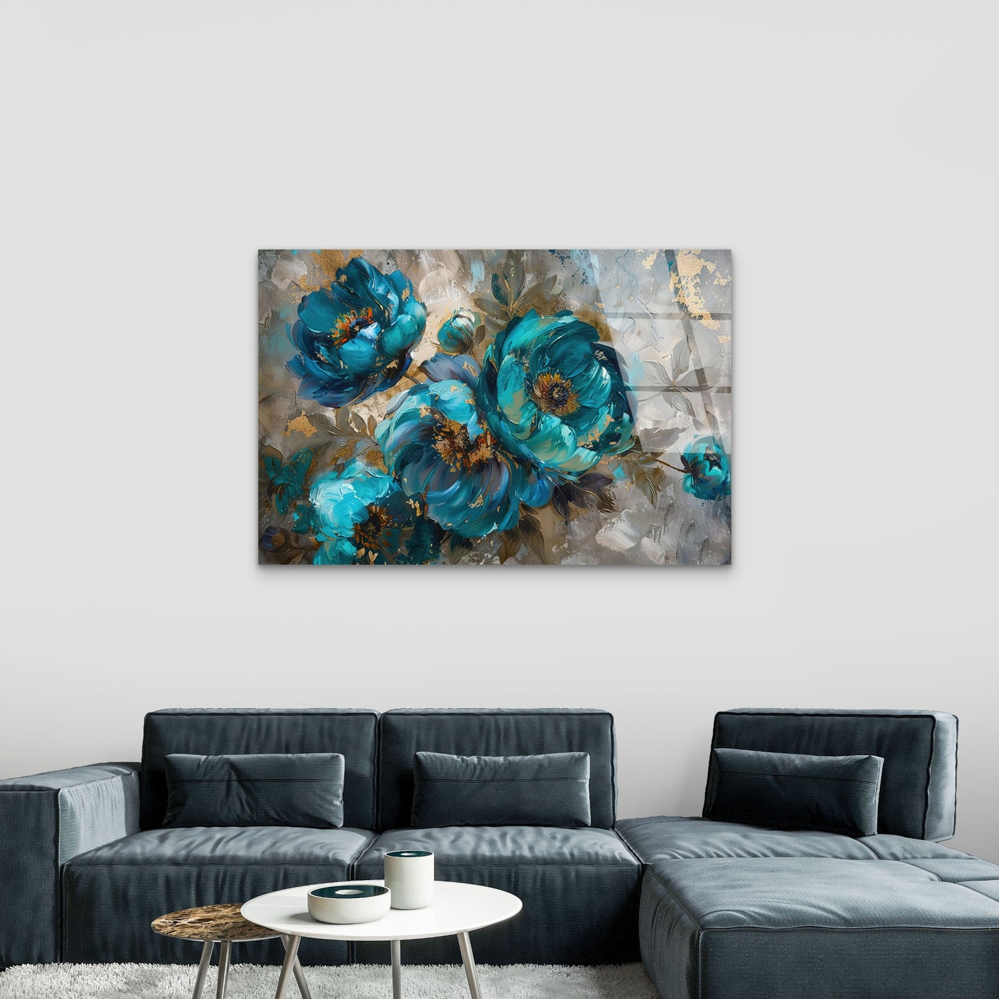 Abstract Teal Blue And Gold Peonies Floral Oil Painting Texture Acrylic Glass Printing Wall Art Australian Made Quality