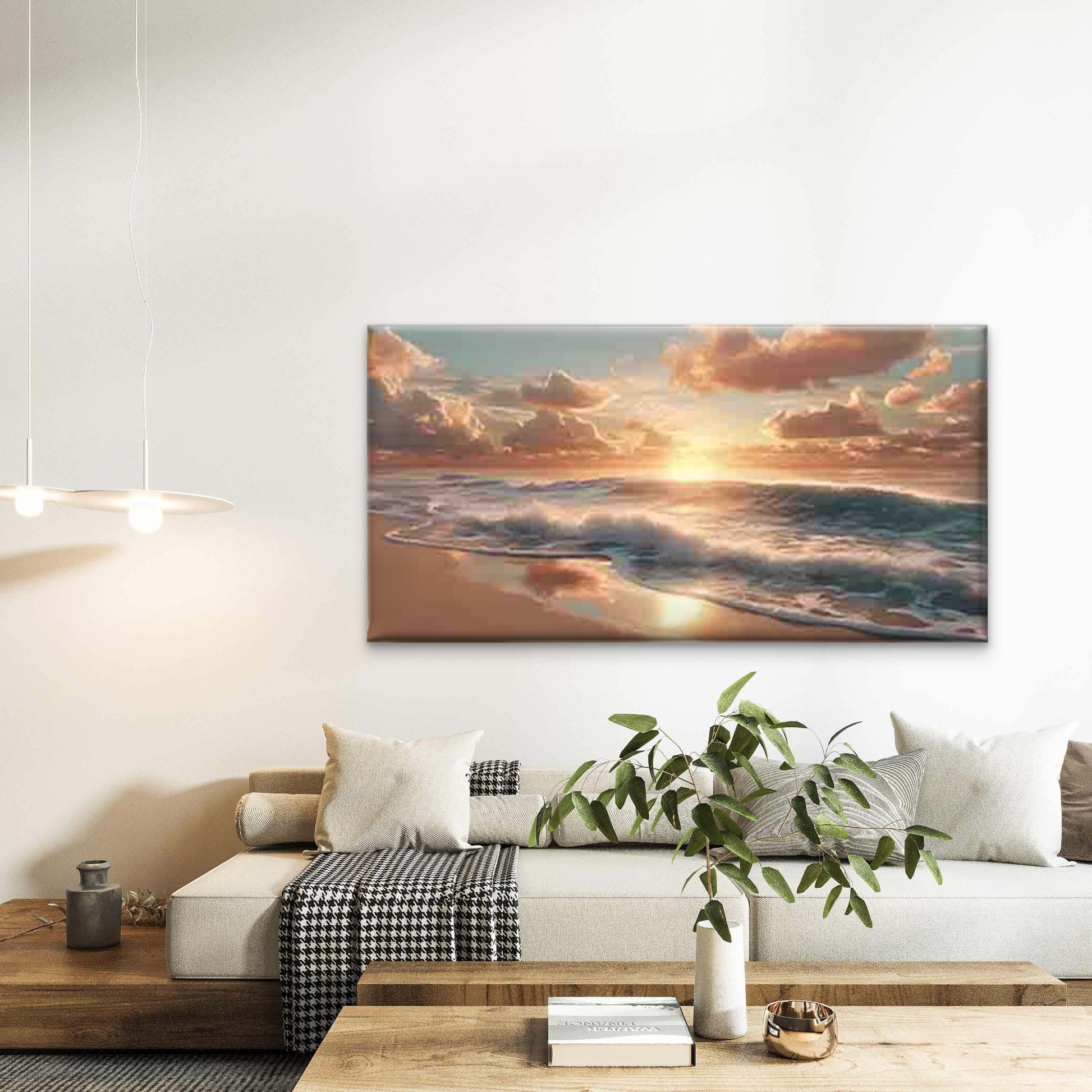 Beach Sunset, with Golden Sun Wall Art Canvas Office Home Room Framed 120x60cm - Bella Home Decor