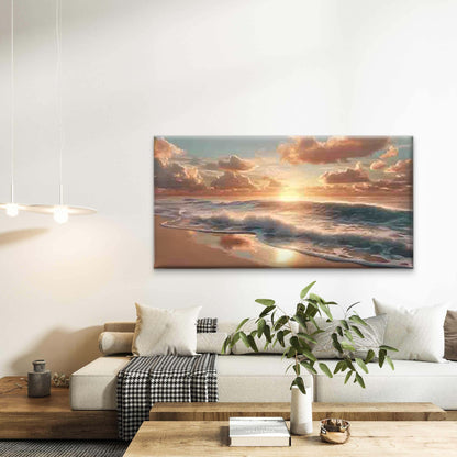 Beach Sunset, with Golden Sun Wall Art Canvas Office Home Room Framed 120x60cm - Bella Home Decor