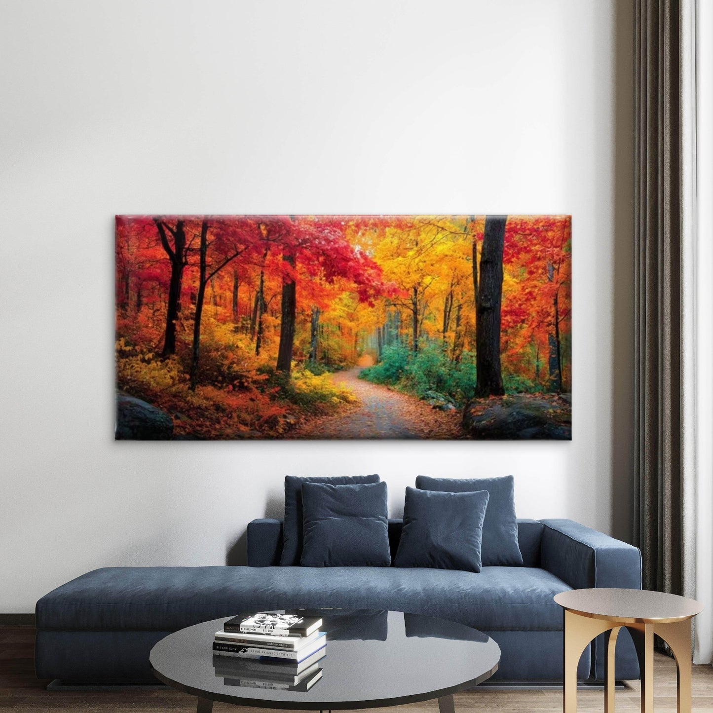 Vibrant Fall Forest Pathway Wall Art Canvas Office Home Room Framed 120x60cm