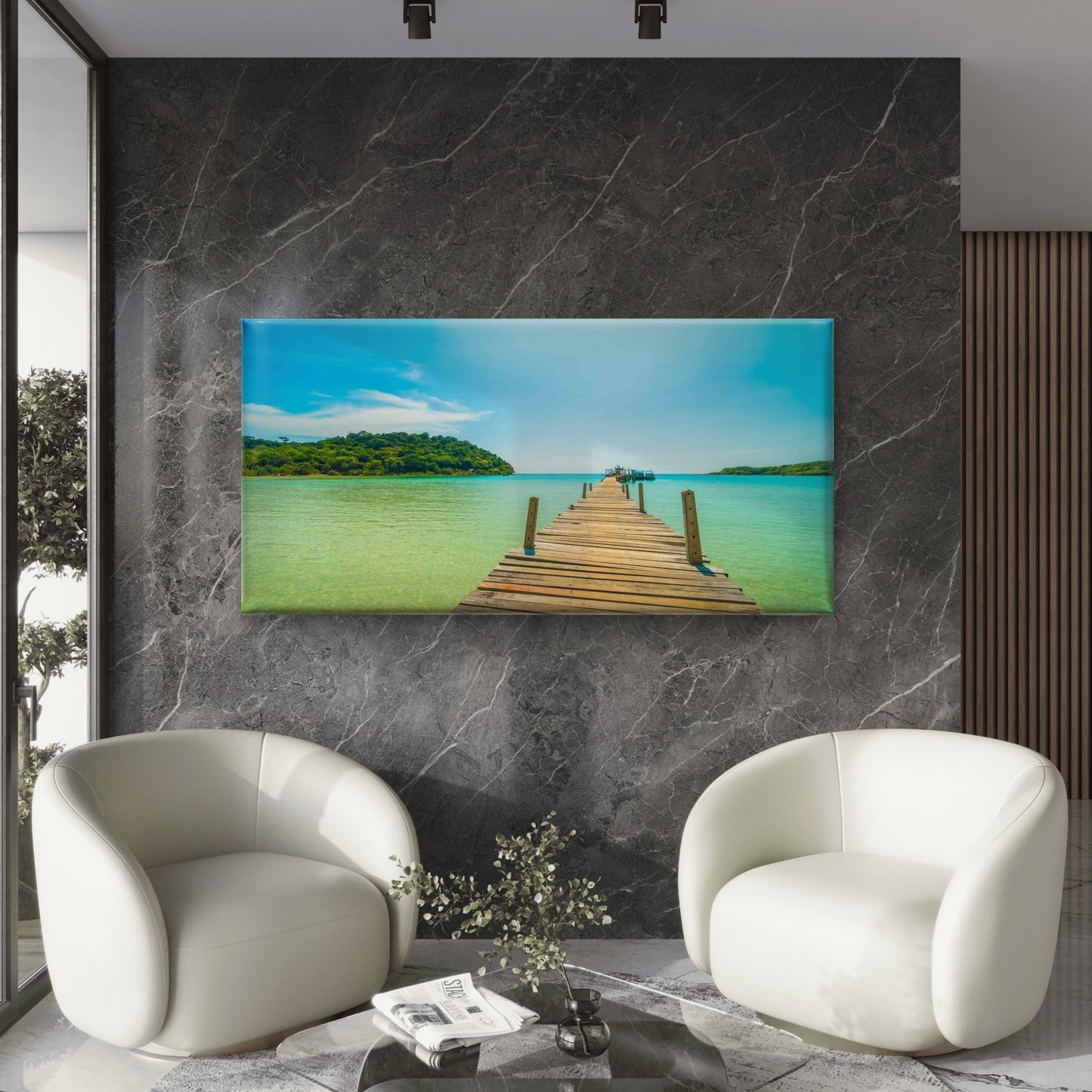 Wooden Pier Bridge With TropicalWall Art Canvas Office Home Room Framed 120x60cm