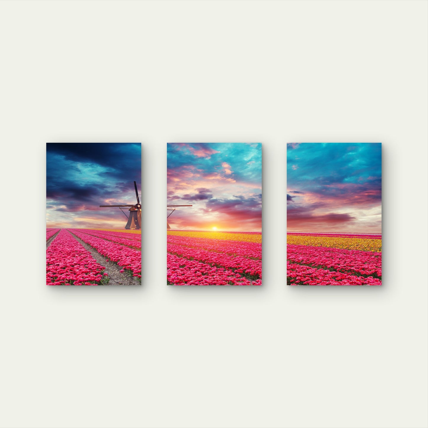 3pcs Netherlands Windmill Tulip Field Sunset Wall Art Set Canvas Framed 60x90cm - High Quality Print 100% Australian Made Wall Canvas Ready to Hang