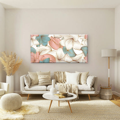 Pink Teal Gold Line Lily Wall Art Canvas Office Home Room Framed 120x60cm