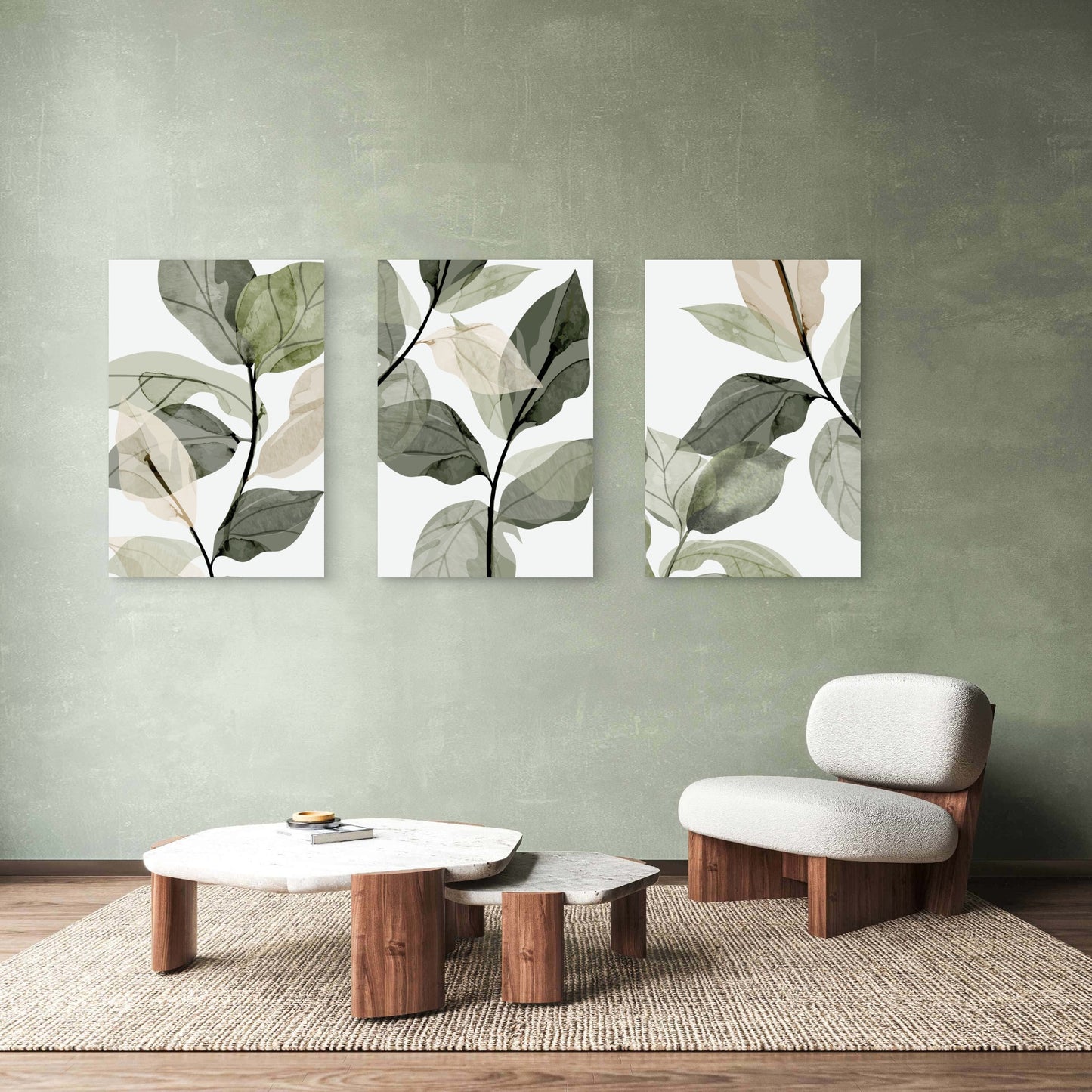 3pcs Green Botanical Watercolor Leaf  Wall Art Set Canvas Framed 50x70cm - High Quality Print 100% Australian Made Wall Canvas Ready to Hang