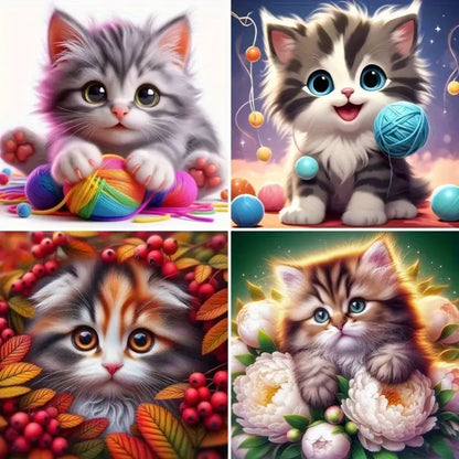 4pcs Kitty With Hand Whool Ball  Wall Art Canvas Framed