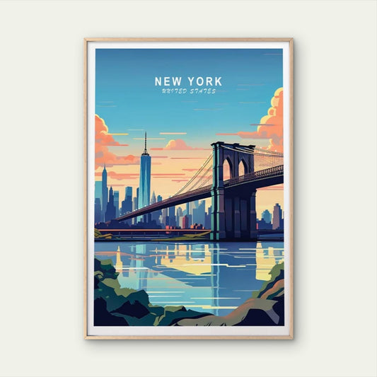 New York In USA, Brooklyn Bridge Paint Travel Poster Print Wall Art - Bella Home Decor
