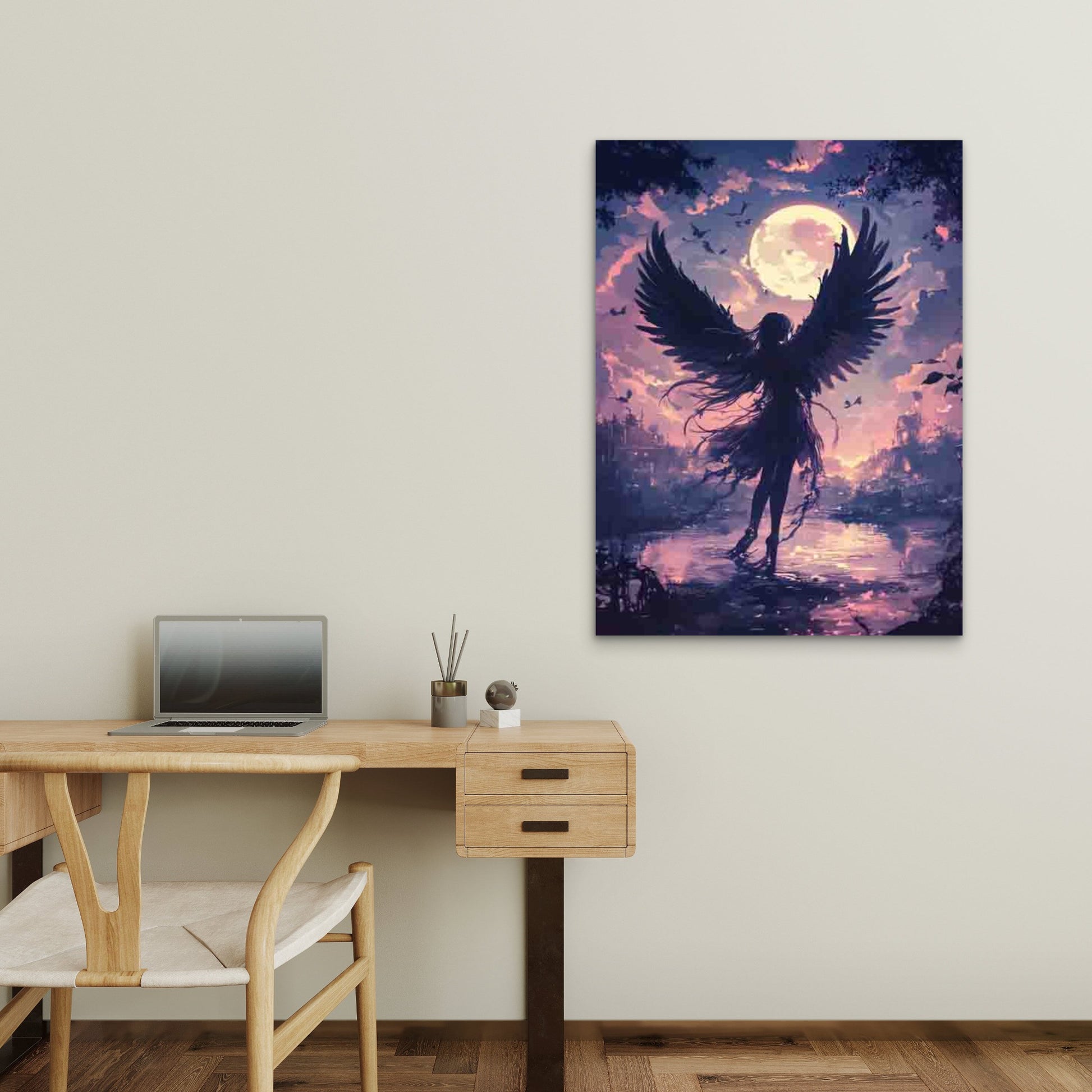 Mystical Black-Winged Girl in Ruins Under Full Moon 60x90cm Metal Print Ready to Hang - Bella Home Decor