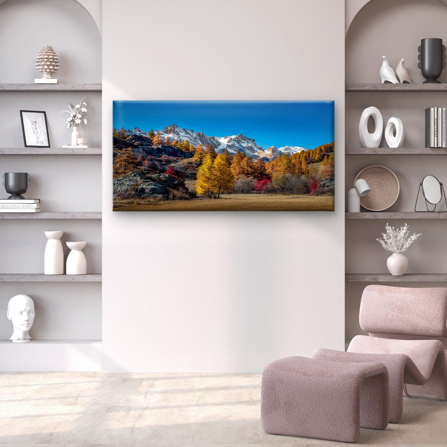 Snowy Mountain Peaks Autumn Foliage Meadow Blue Sky Wall Art Canvas Office Home Room Framed 120x60cm