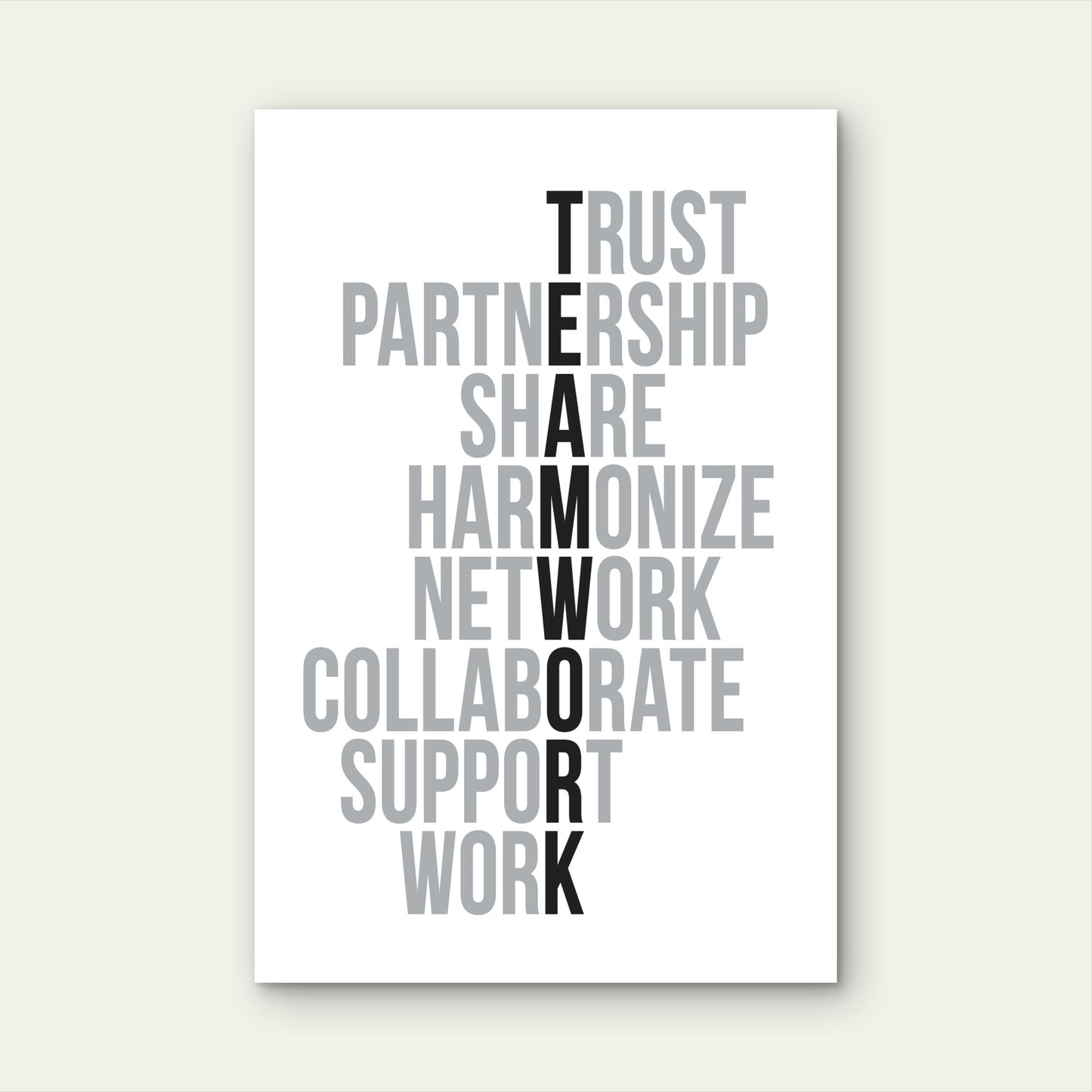 Teamwork Acrostic Crossword Corporate Office Core Values 40x60cm Metal Print Ready to Hang