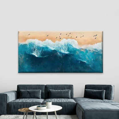 Aerial Ocean Waves Sandy Beach Wall Art Canvas Office Home Room Framed 120x60cm - Bella Home Decor