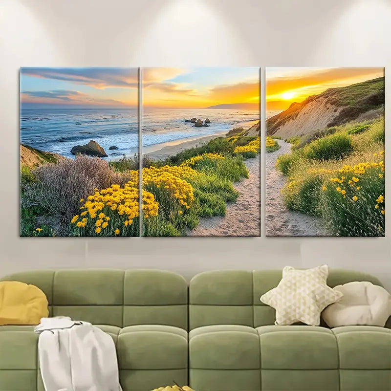 3pcs Golden Gate Sunset, Wildflowers & Cliffs Metal Print Ready to Hang Art - Bella Home Decor