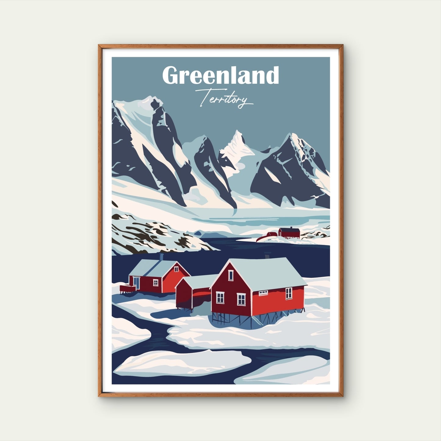 Greenland Snowy Mountain Arctic Red Village Travel Poster Print Wall Art